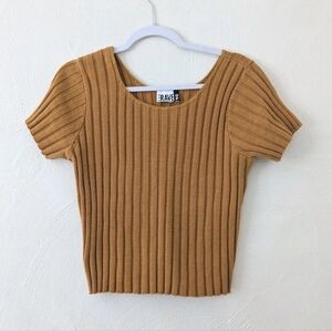 Vintage 90s Women's Rave Up Mustard Yellow Short Sleeve Ribbed Cotton Sweater